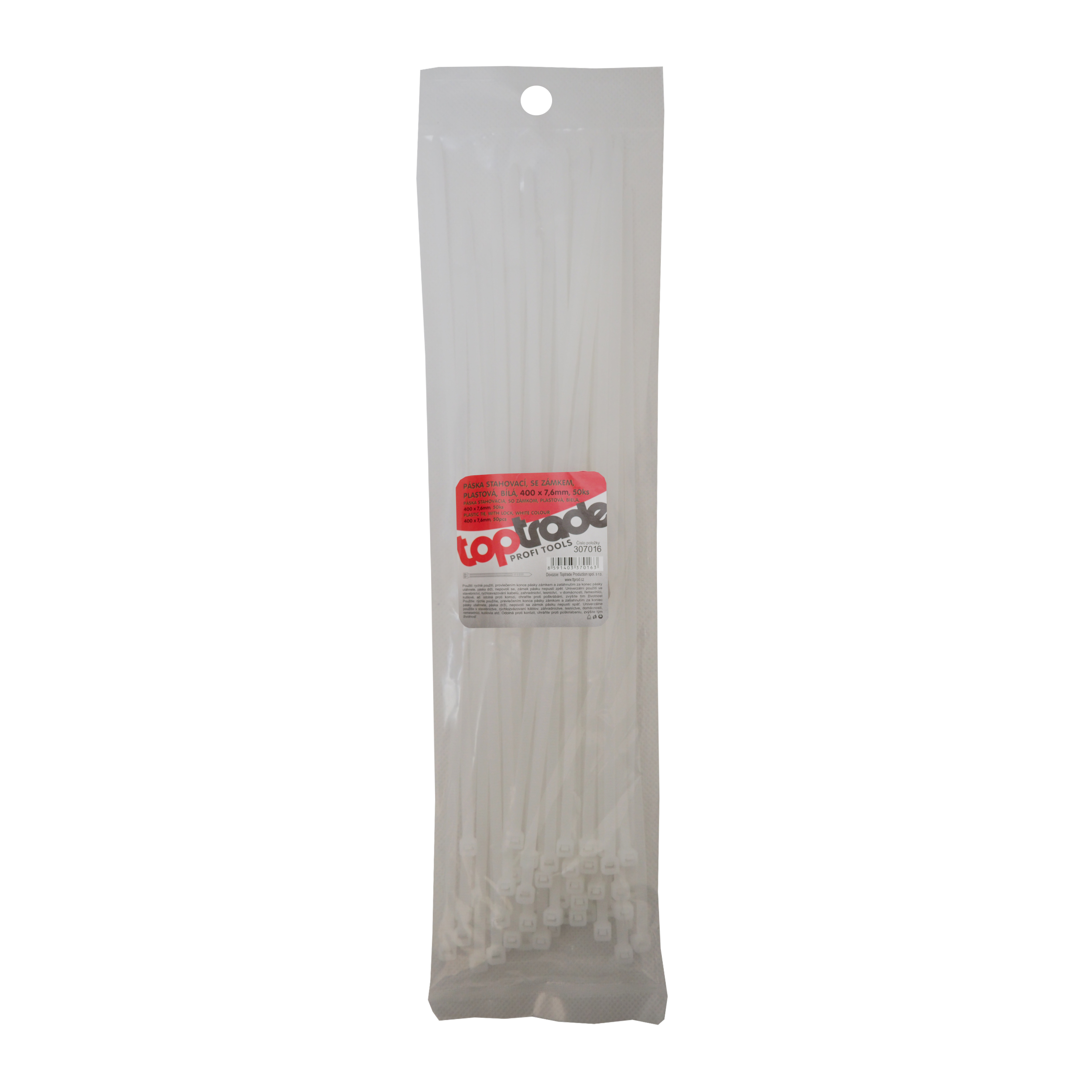 pásek plastový, bílý, stahovací, se zámkem, 50 ks, 400 x 7,6 mm 0.23 Kg TOP Sklad4 307016 8591403370163