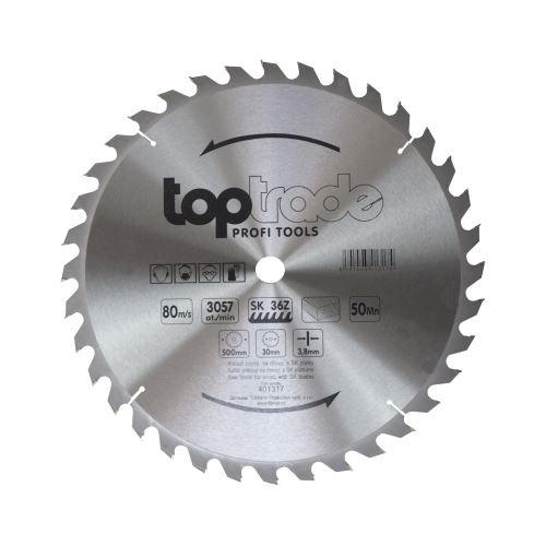 TOPTRADE kotouč pilový, na dřevo, s SK plátky, 36 zubů, 500 x 3,8 x 30 mm