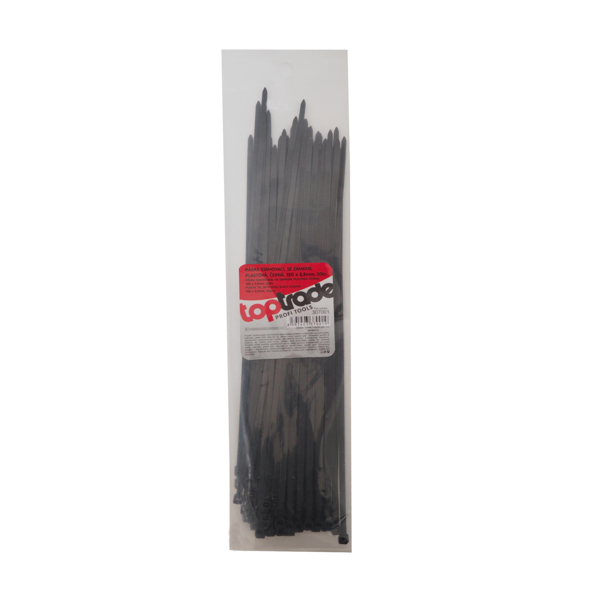 pásek plastový, černý, stahovací, se zámkem, 50 ks, 120 x 2,5 mm 0.01 Kg TOP Sklad4 307001 8591403370019