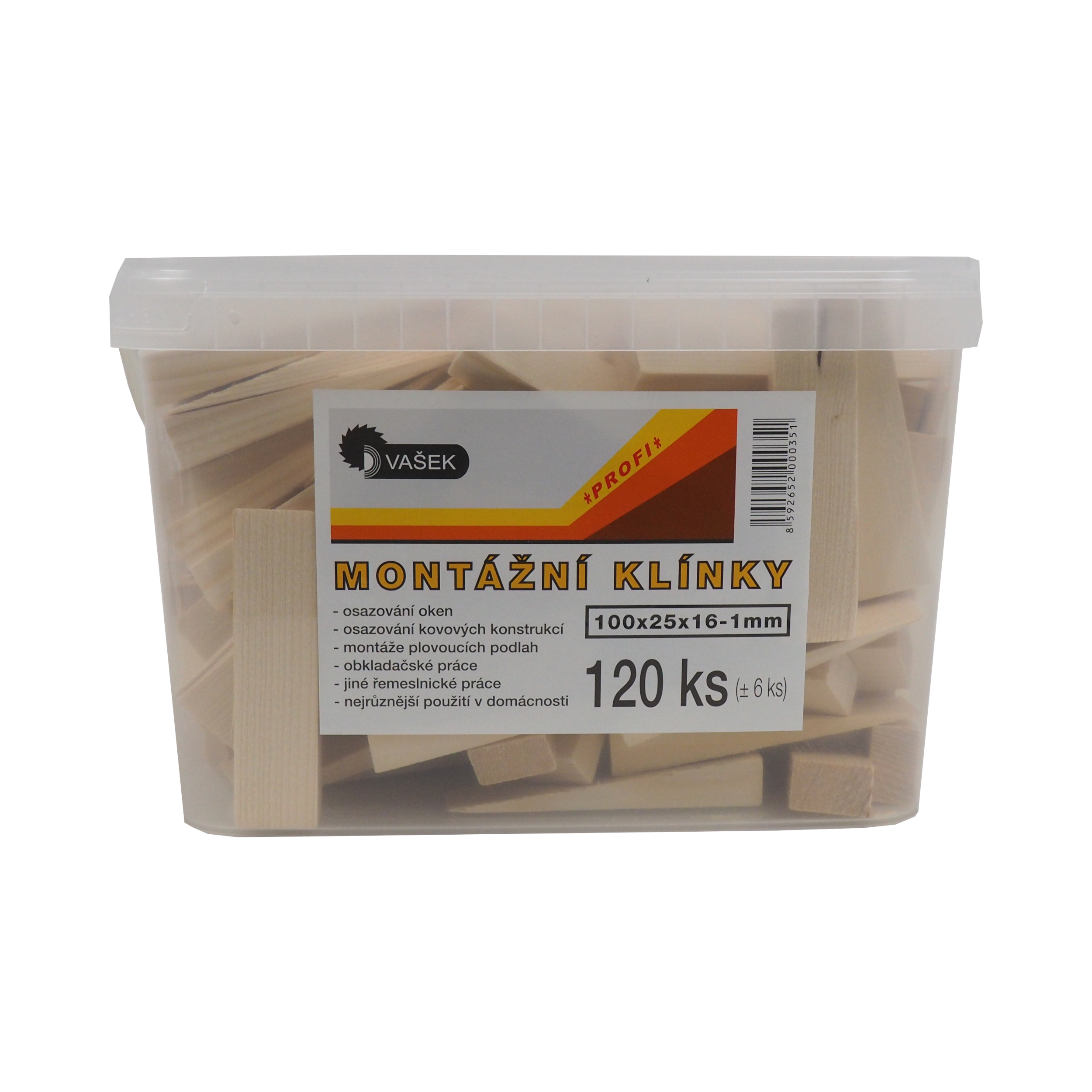 klínky dřevěné, montážní, v kbelíku, balení 120 ks, 100 x 25 x 16 – 1 mm - BAZAR -